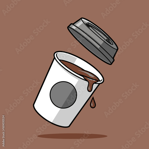 Tilted Coffee Cup with Spilling Liquid and Removed Lid