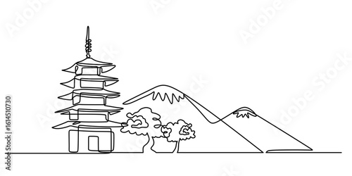 Asian temple illustration, continuous one line drawing style.
