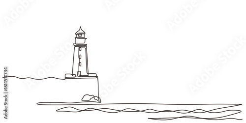 Minimalist one line drawing of a lighthouse by the sea, vector illustration, editable stroke.