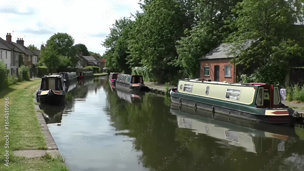 Scenic Canal View with Moored Houseboats Green Trees and Water Reflections at Daytime Scenic Canal View with Moored Houseboats Green Trees and Water Reflections at Daytime