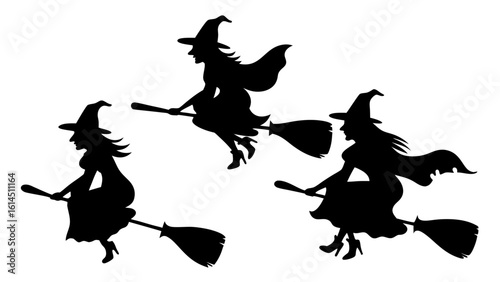 Set Of Flying Witch Silhouettes on Broomsticks