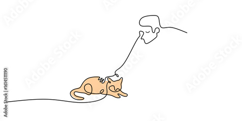 One line drawing of a person with a pet cat, hand drawn symbol of companionship and animal care.
