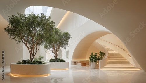Modern, minimalist lobby with trees