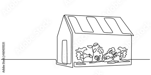Greenhouse full of plants. Continuous one line drawing, concept of horticulture and organic farming.