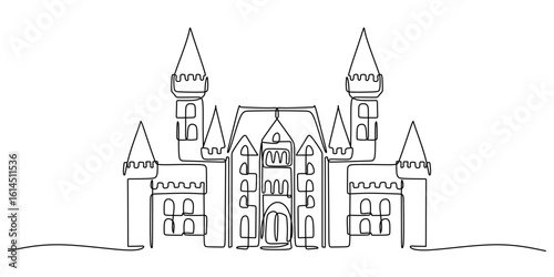 Fairytale castle continuous one line drawing, minimalist vector illustration for a storybook.