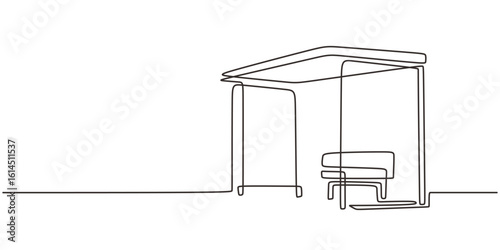 Continuous one line drawing of an empty bus stop. Minimalist vector object with copy space.