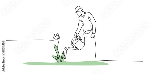 Minimalist one line drawing of a person watering a flower, vector illustration, sustainability concept.