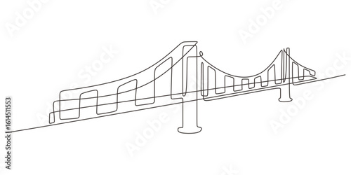 Suspension bridge one line drawing, concept of connection, progress, and engineering infrastructure.