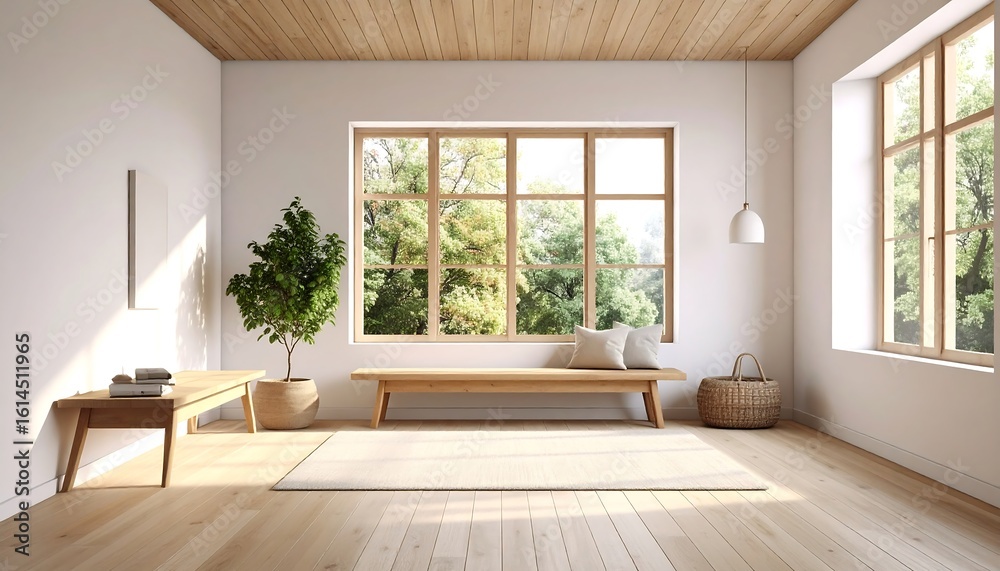 Obraz premium Serene minimalist interior with nature view through expansive windows evoking tranquility