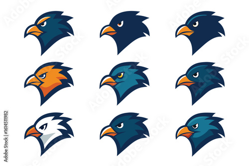 Vector art of nine eagle head mascot logos in different color variations are isolated on white background