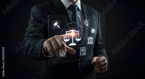 Businessman using digital justice concept with law symbols