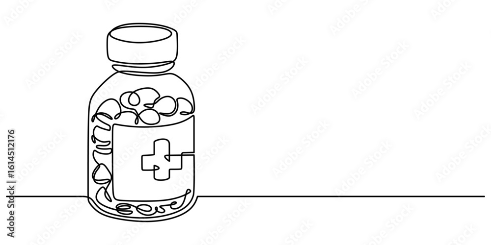 Fototapeta premium Pill bottle one line drawing. Minimalist vector object for medicine, pharmacy, and healthcare concepts.