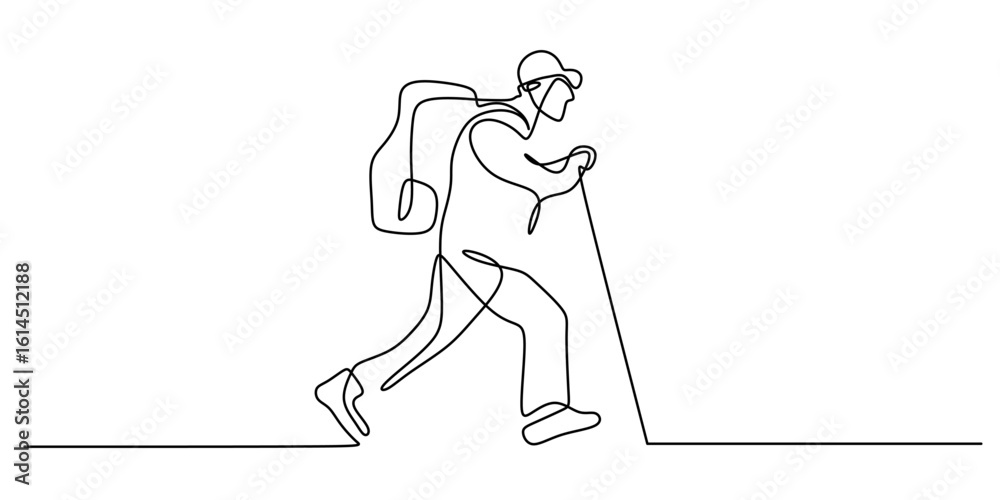 Obraz premium Hiker with backpack and trekking poles, continuous one line drawing, minimalist vector travel symbol.