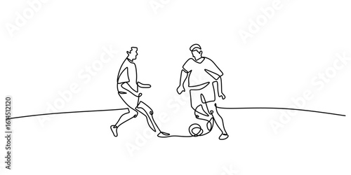 Two soccer players continuous one line drawing. Symbol of global sport, competition, and teamwork.