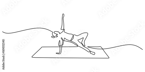 Woman in side plank yoga pose, one line drawing. Minimalist vector for a yoga studio or wellness.