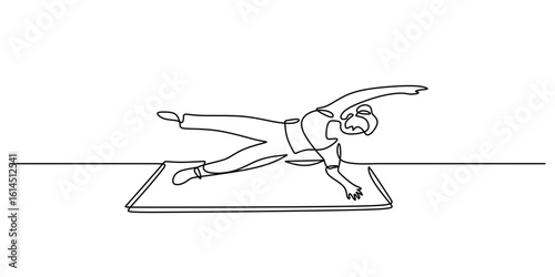 Woman doing Pilates plank pose one line drawing. Fitness and healthy lifestyle vector.