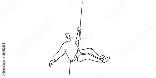 Person rappelling down a rope, one line drawing. Minimalist vector for an outdoor activity brand.