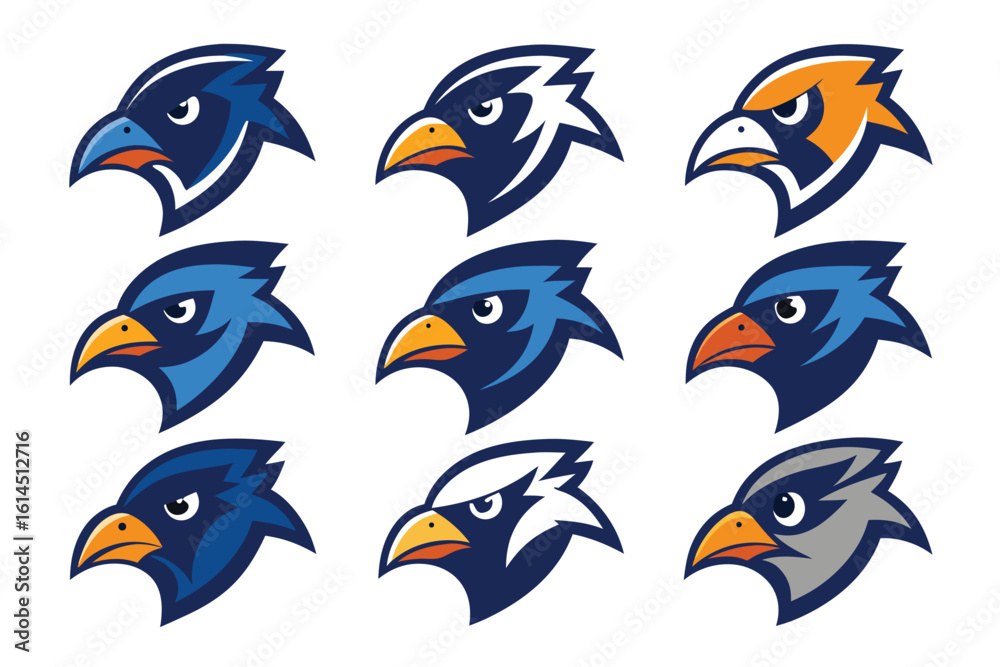 Naklejka premium Vector art of a collection of fierce eagle and hawk mascot logos isolated on white background