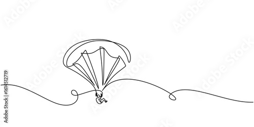 Minimalist one line drawing of a person paragliding. Continuous single outline with editable stroke.