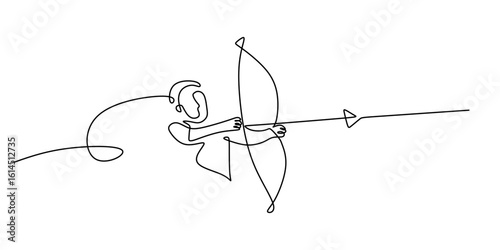 Archer aiming a bow continuous line drawing. Vector illustration minimalist design hand drawn.
