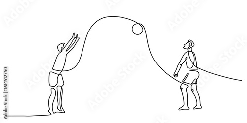 Volleyball players passing ball in continuous one line drawing. Minimalist hand drawn symbol.
