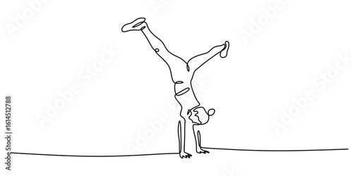Woman doing a cartwheel in energetic expression. Continuous one line drawing, minimalist hand-drawn.