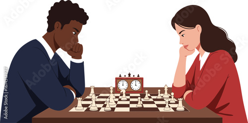 Two diverse individuals, a man and a woman, are deeply engrossed in a chess match.