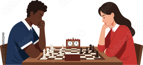 Two diverse individuals, a man and a woman, are deeply engrossed in a chess match.