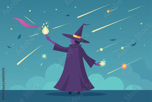 Witch with Wand Under Falling Stars