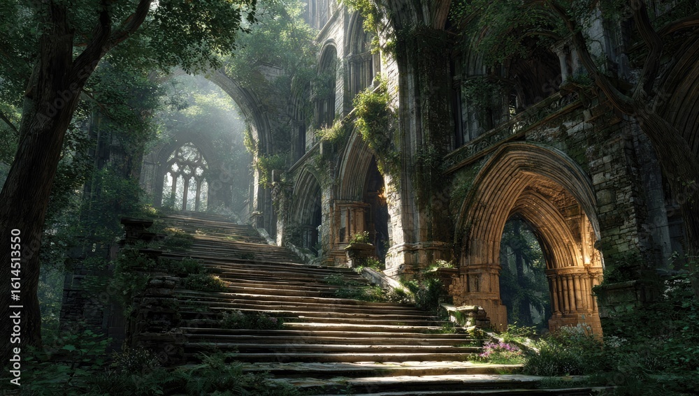 Naklejka premium Ruined cathedral, overgrown with nature