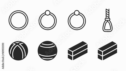 Simple line art icons of dumbbells and yoga for fitness and exercise weight training yoga set