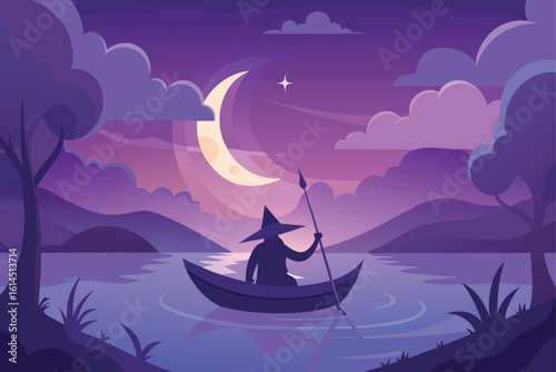 Witch Rowing Boat Under Crescent Moon Halloween Vector
