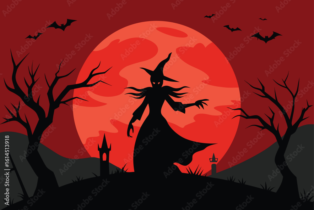 Fototapeta premium Witch Flying Over Red Moon Vector Illustration