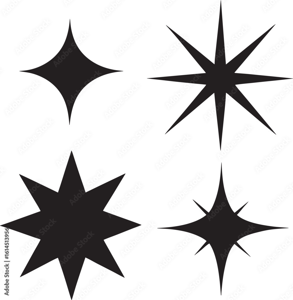 Obraz premium Four black starburst sparkle shapes isolated on white background