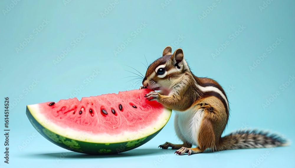Fototapeta premium Mini squirrel holding watermelon wedge and smiling