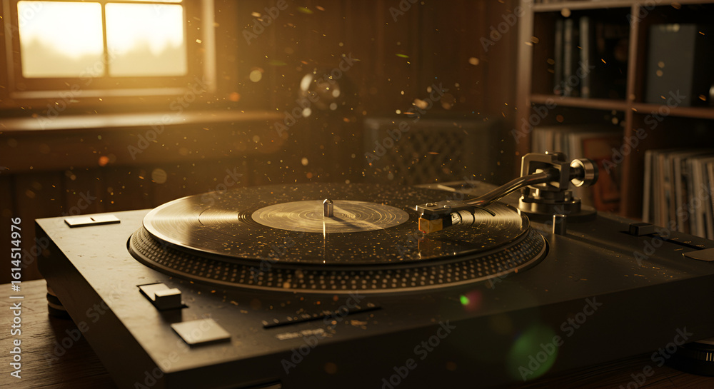 Obraz premium Vintage vinyl record player spinning in a cozy room with warm sunlight streaming through the window