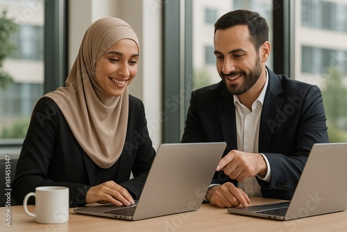 Muslim businesswoman and businessman discussing work together in a modern office