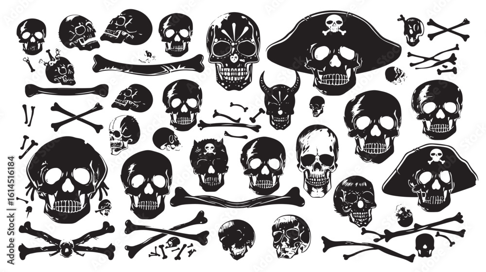 Fototapeta premium Skeletons. Large set of skulls, bones and pirate symbols , black silhouettes isolated on white background 