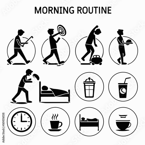 Vector illustration set of morning routine icons including activities like waking up, brushing teeth, showering, breakfast, and getting dressed — ideal for lifestyle, health, and daily habit visuals.
