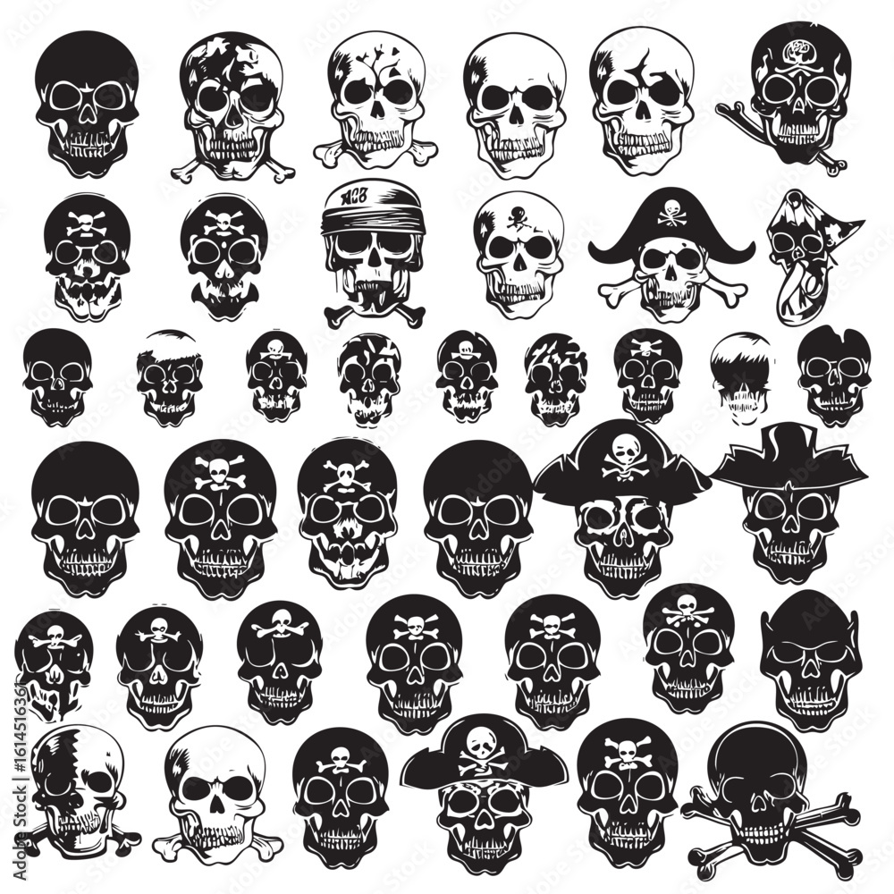 Skeletons. Large set of skulls, bones and pirate symbols , black silhouettes isolated on white background Skeletons. Large set of skulls, bones and pirate symbols , black silhouettes isolated on white background