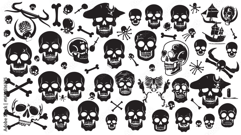 Obraz premium Skeletons. Large set of skulls, bones and pirate symbols , black silhouettes isolated on white background 