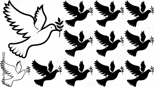 Illustration showing multiple doves holding olive branches symbolizing peace and hope imagery art work