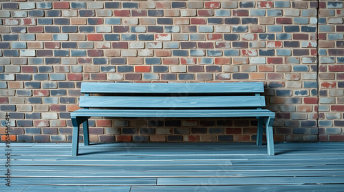 Full frame abstract texture background of a blueish gray wooden bench along a vintage brick wall that has been updated with a German smear painting technique