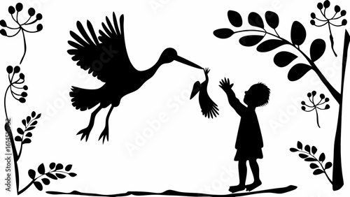 Silhouette of a stork delivering a baby to a child under a tree surrounded by floral elements design