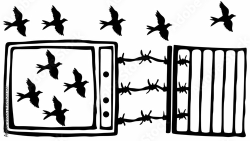 Silhouette drawing of birds flying around an open gate with barbed wire and a framed window panel
