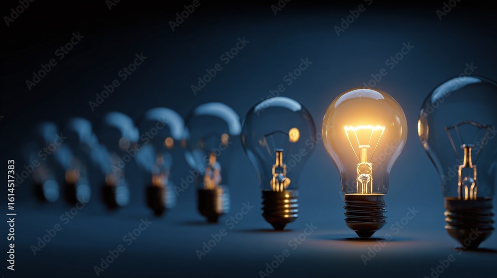 Fototapeta premium Unique light bulb shines brightest among many others in a dark setting to symbolize innovation and ideas
