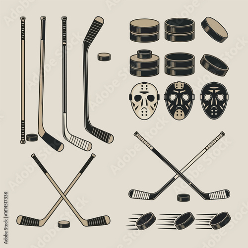 Hockey equipment collection with sticks pucks and masks