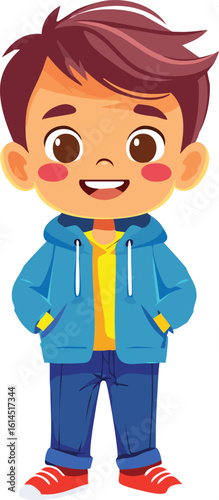 Cartoon illustration of a happy boy wearing a blue jacket and jeans.