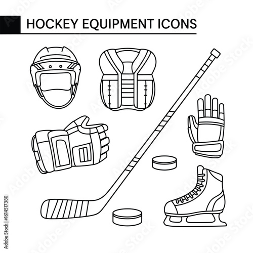 Hockey equipment helmet stick skates gloves pucks vector
