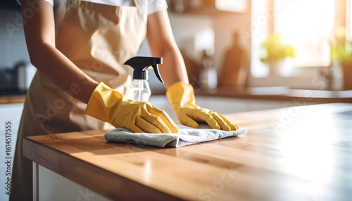 Person in gloves cleaning a wooden kitchen surface